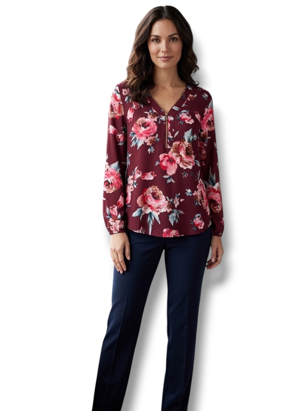 BloomChic Top Elegant Floral Blouse Maroon Burgundy Gold Zipper Fall US 12
